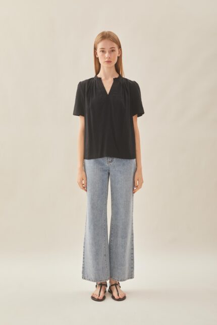 Pleated V Neck Blouse in Black